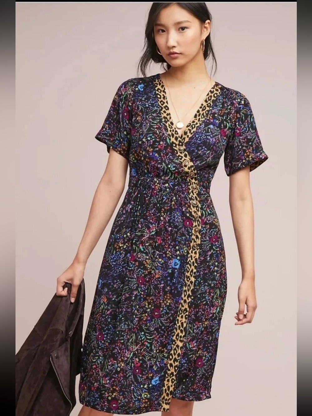 Anthropologie Maeve Morgan Floral Boho Wrap Dress Leopard Trim 14